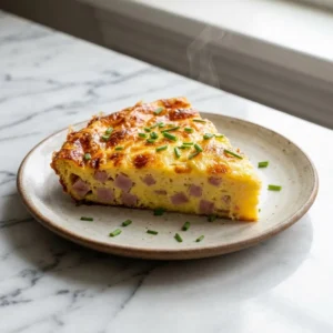 A thick, golden-brown wedge of crustless quiche on a ceramic plate. The top is blistered and bubbly from melted cheese. The cut side reveals a soft, yellow egg custard studded with pieces of pink ham. A light wisp of steam rises, garnished with fresh chopped chives.