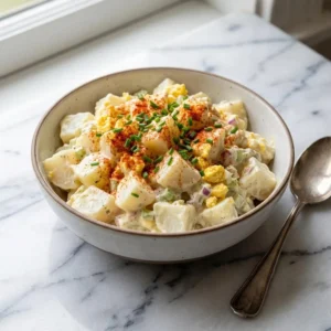 A rustic bowl of creamy, chunky potato salad. A thick, pale dressing coats tender white chunks and yellow egg yolk, with flecks of green celery and red onion visible. The top is generously dusted with bright red paprika and sprinkled with fresh, chopped chives.