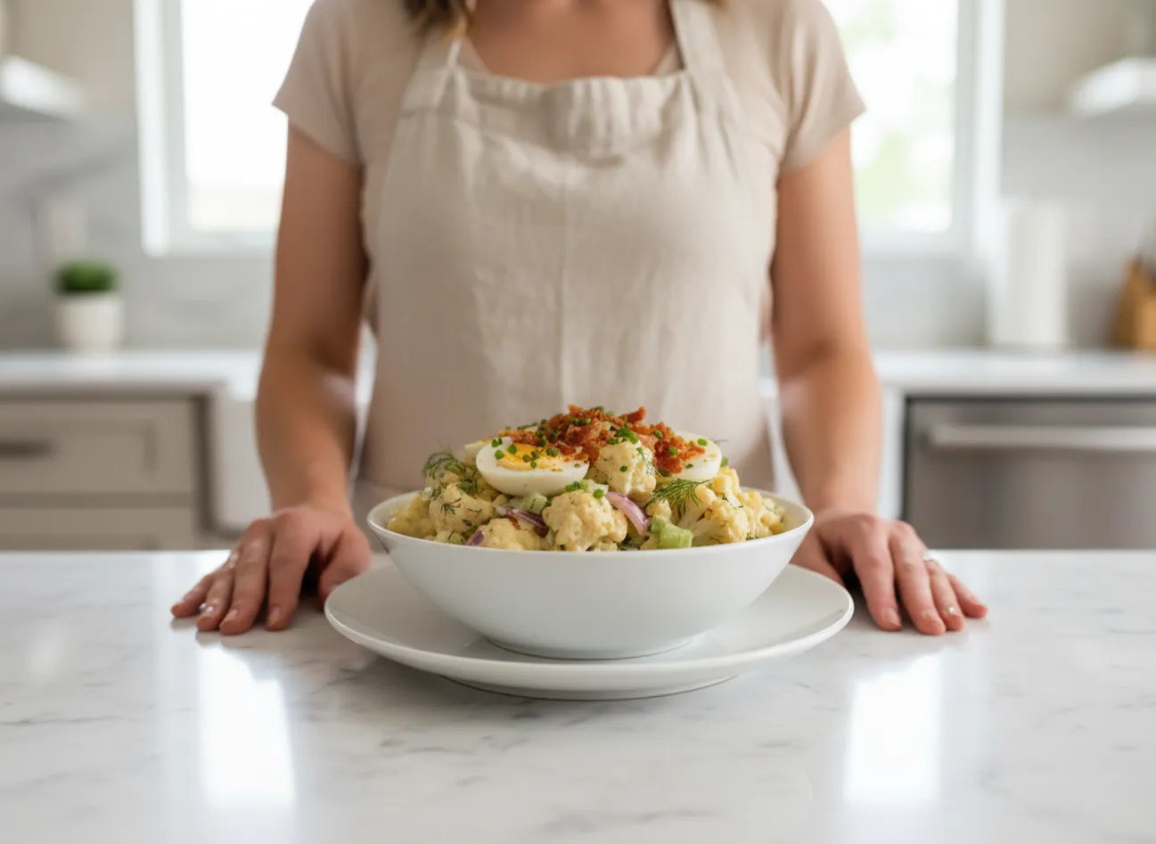 A creamy bowl of low carb potato salad ready to be served at a picnic.