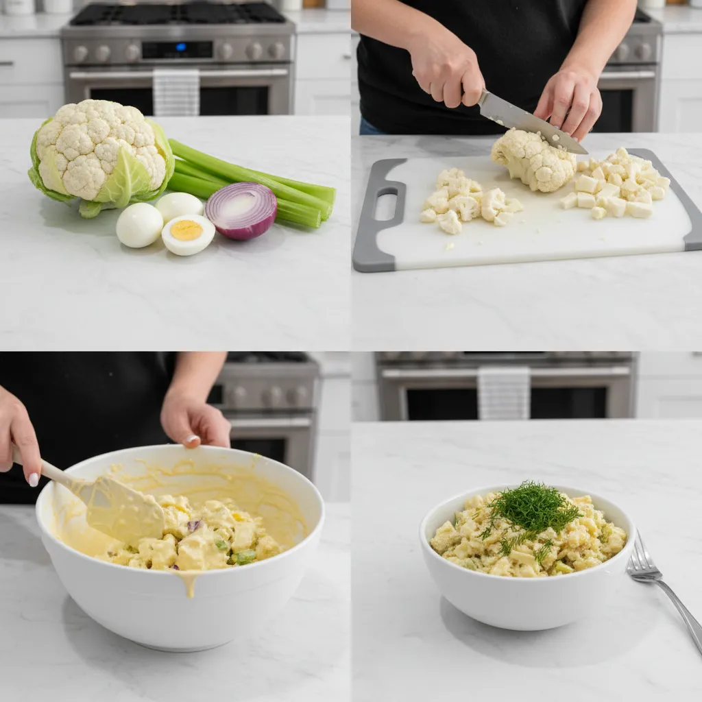 A grid of four images showing the steps to make low carb potato salad.