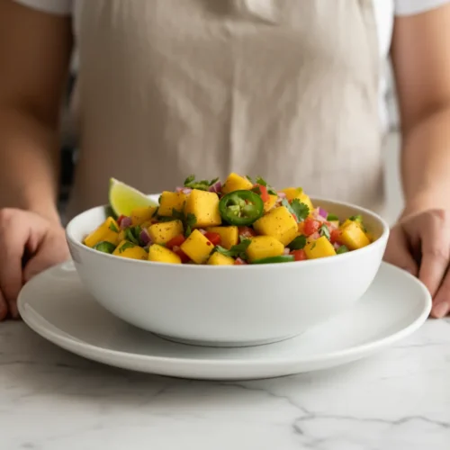 A rustic bowl filled with thick, creamy chicken and wild rice stew. Tender shredded chicken and dark grains of wild rice are visible in the rich, off-white sauce. The hearty dish is garnished with fresh green parsley, with a delicate wisp of steam rising.