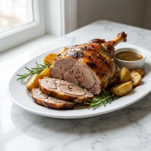 This recipe only describes a marinade, not the final cooked dish. To create a visual prompt, please provide a recipe that details the appearance of the finished lamb, including how it is cooked and plated.