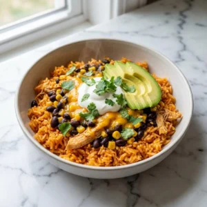 A vibrant burrito bowl filled with fluffy, savory orange rice and shredded chicken. Generously topped with glistening black beans, yellow corn, melted cheddar cheese, a dollop of sour cream, sliced avocado, and a fresh sprinkle of cilantro. A wisp of steam rises from the bowl.