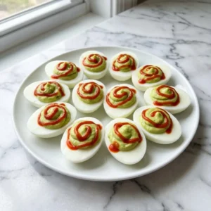 A plate of modern deviled eggs. The creamy filling is a soft, pale green from avocado. Each bright white egg half is garnished with a vibrant, glossy red swirl of Sriracha sauce, creating a beautiful and striking color contrast.