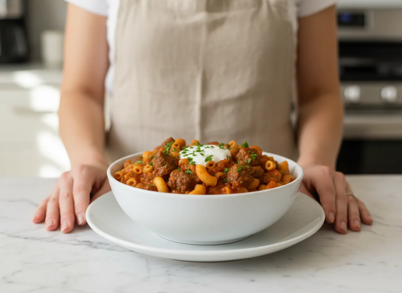 A family enjoying bowls of old fashioned goulash at a dinner table.