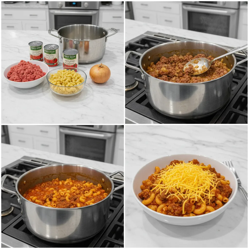 A four-panel grid showing the steps to make goulash: browning beef, adding sauce, adding pasta, and the final dish.