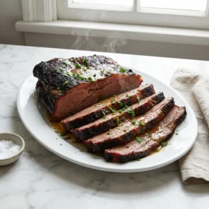 Thick, juicy slices of oven-roasted brisket fanned out on a platter, revealing a dark, caramelized crust and a tender, moist interior. The meat glistens with rich pan juices, a wisp of steam rising, garnished with fresh, vibrant green parsley.
