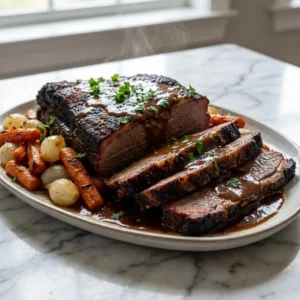 Thick, tender slices of juicy brisket with a dark, caramelized crust, generously draped in a rich, glossy brown gravy. Soft, sweet carrots and onions are nestled alongside the meat. Garnished with fresh, chopped parsley, with a gentle steam rising from the rustic platter.
