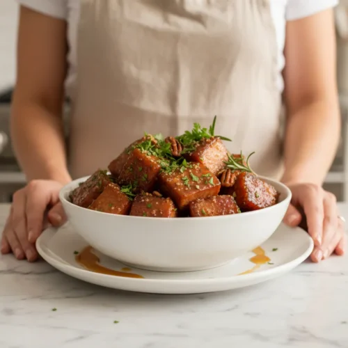 A thick-cut ham steak glistens with a perfectly shiny, dark amber glaze. The surface is beautifully seared and caramelized with a rich, bubbly texture. The juicy pink meat has a delicate wisp of steam rising from it, plated for a dramatic close-up.