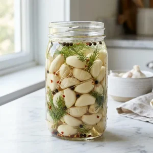 A clear glass jar filled with plump, ivory-white pickled garlic cloves. Fresh green dill sprigs, black peppercorns, and red chili flakes are suspended in the transparent brine. Bright, clean lighting highlights the smooth, submerged cloves.