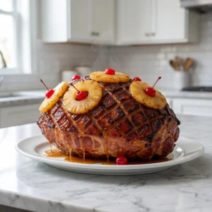 A magnificent, glistening honey-glazed ham with a deeply caramelized, scored crust. Golden-brown pineapple rings and bright red maraschino cherries adorn the surface. The thick, sticky amber glaze drips down the sides, with a gentle wisp of steam rising from the succulent meat.