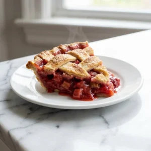 A generous slice of rustic strawberry rhubarb pie on a ceramic plate. The golden-brown lattice crust is flaky and sprinkled with coarse sugar. Thick, jammy, vibrant red filling with chunks of fruit oozes from the sides. A delicate wisp of steam rises from the warm center.