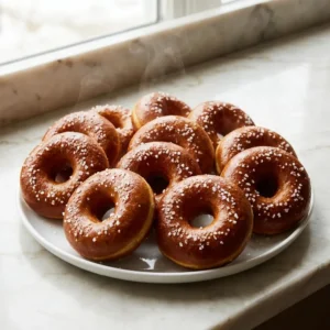 Plump, ring-shaped pretzel donuts with a deep, shiny, golden-brown crust. Generously sprinkled with glistening coarse sea salt crystals. A delicate wisp of steam rises from the warm donuts, arranged on a simple plate. Professional food photography.