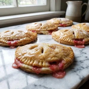 Golden-brown, flaky hand pies glistening with a simple glaze. Vibrant pink rhubarb and creamy white cream cheese filling oozes from vents and crimped edges. A light dusting of powdered sugar finishes the pastry.