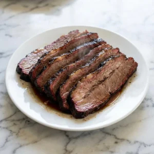 Thick, juicy slices of smoked beef brisket, fanned across a plate. A dark, craggy bark contrasts with a vibrant pink smoke ring and glistening, tender meat. A delicate wisp of steam rises from the succulent slices, pooled in their own rich juices.