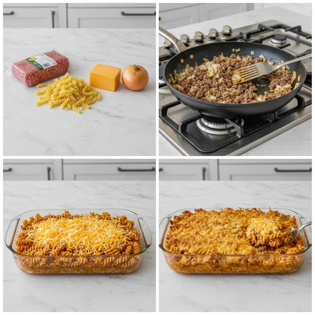 A grid of four images showing the steps to make the casserole.