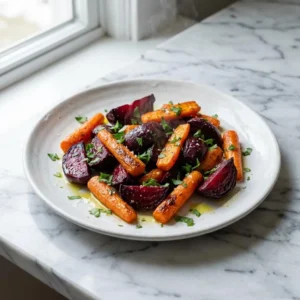 A rustic white ceramic plate piled with jewel-toned roasted beets and vibrant orange carrots. The vegetables are glistening with oil, with slightly caramelized, browned edges. Garnished with fresh green parsley and a sprinkle of coarse sea salt. A delicate wisp of steam rises from the dish.