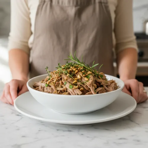 A succulent slow-roasted lamb shoulder with a deeply caramelized, crispy dark-brown crust. Tender, juicy meat is falling off the bone, glistening under the light. The dish is garnished with a fresh sprig of rosemary, with faint wisps of steam rising.