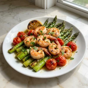 A vibrant medley of plump, pink roasted shrimp, tender-crisp asparagus spears, and burst cherry tomatoes on a plate. The dish glistens with garlic butter, showing slightly charred edges. A generous sprinkle of fresh green parsley and a charred lemon wedge provide the final touch.