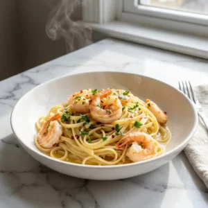 A shallow bowl of glistening linguine pasta coated in a light, glossy butter-garlic sauce. Plump, pink shrimp are arranged on top, sprinkled with vibrant green, freshly chopped parsley and a few red pepper flakes. A delicate wisp of steam rises from the dish.