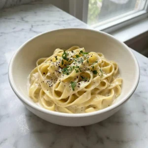 A close-up of pasta generously coated in a glossy, silken, pale cream sauce. Served in a minimalist ceramic bowl, the dish is garnished with a sprinkle of freshly cracked black pepper and vibrant green parsley. Soft, natural light highlights the incredibly smooth, creamy texture.