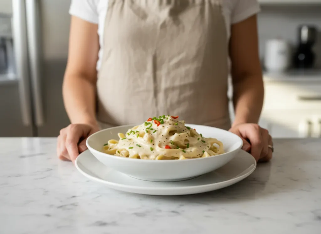 A close-up of pasta generously coated in a glossy, silken, pale cream sauce. Served in a minimalist ceramic bowl, the dish is garnished with a sprinkle of freshly cracked black pepper and vibrant green parsley. Soft, natural light highlights the incredibly smooth, creamy texture.