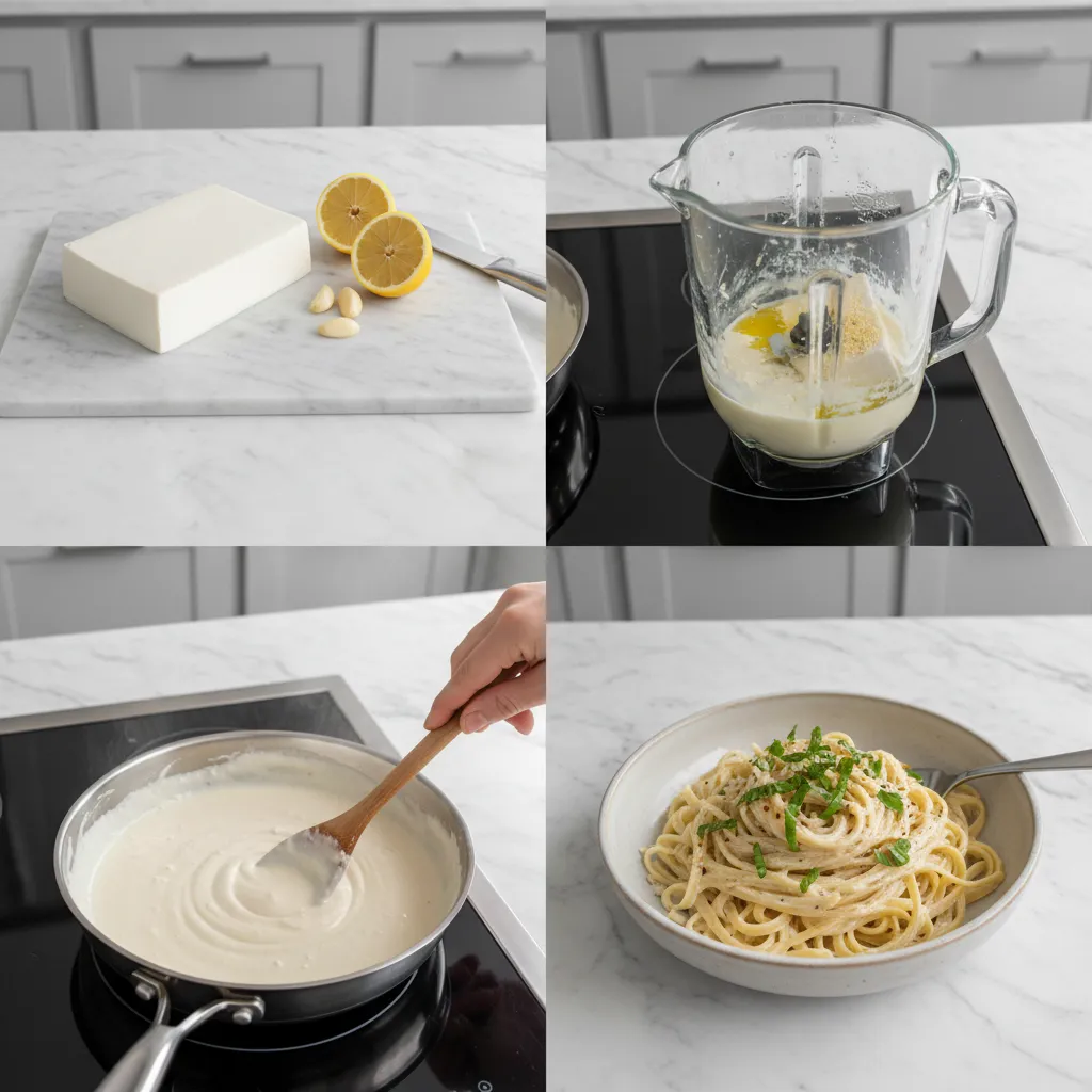 Panel 1: A block of silken tofu, garlic cloves, and a lemon on a marble surface. Panel 2: The tofu and other sauce ingredients inside a blender pitcher. Panel 3: The smooth, creamy white sauce simmering gently in a skillet. Panel 4: The finished sauce tossed with pasta in a bowl, garnished with fresh basil.