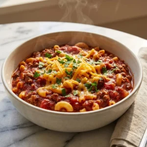 A hearty bowl of goulash with a thick, rich, deep-red tomato sauce coating tender elbow macaroni and savory ground beef. The dish is topped with a generous amount of melting shredded cheddar cheese and a sprinkle of fresh, vibrant green parsley, with steam gently rising.