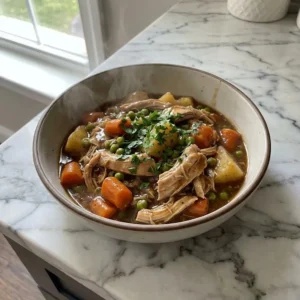 A rustic, deep bowl of slow-cooked chicken casserole, with tender, pull-apart chicken chunks and soft vegetables submerged in a rich, thick, glossy brown gravy. The dish is garnished with a sprinkle of vibrant green chopped parsley, with gentle wisps of steam rising from the surface.