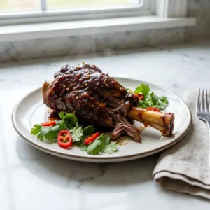 A fall-off-the-bone tender lamb shank, lacquered in a thick, glossy, dark spicy glaze dotted with red chili flakes. The succulent meat glistens on a rustic plate, garnished with fresh cilantro and thinly sliced red chili. A delicate wisp of steam rises from the dish.