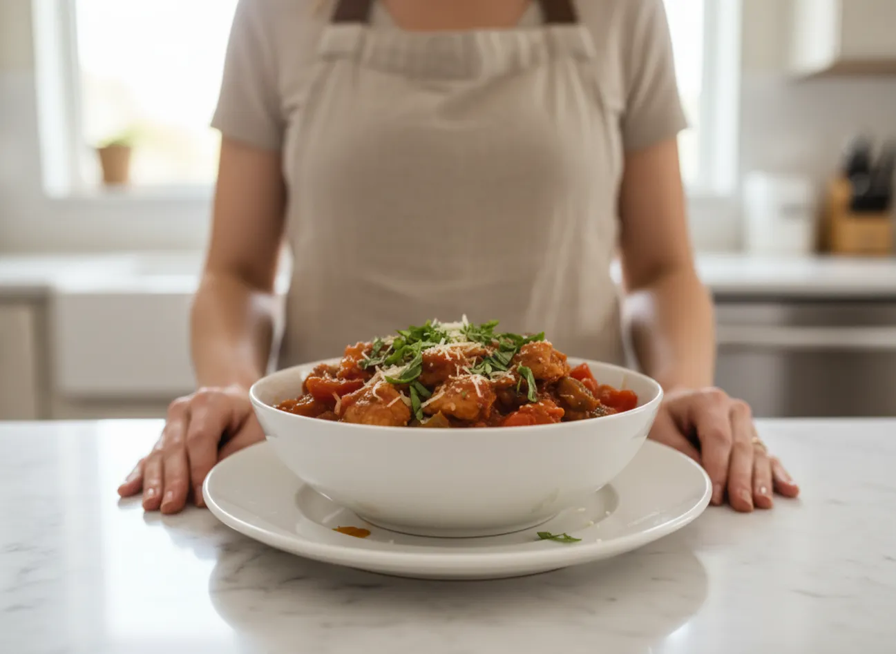A family enjoying Slow Cooker Chicken Cacciatore for dinner.