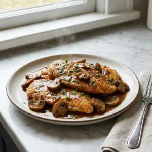 Tender, golden-brown chicken breasts smothered in a rich, glossy, dark brown Marsala sauce studded with savory sliced mushrooms. A vibrant sprinkle of fresh green parsley garnishes the top. A delicate wisp of steam rises from the beautifully plated dish.