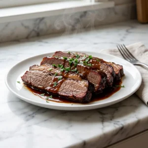 Thickly sliced, tender beef brisket with a dark, caramelized crust and a juicy, fall-apart interior. A rich, glossy gravy clings to the meat, pooling on the plate. Wisps of steam rise from the dish, garnished with vibrant green parsley for a pop of color.