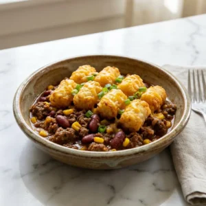 A hearty scoop of cowboy casserole on a rustic plate. The chunky casserole features ground beef, beans, and corn in a rich, savory sauce, topped with a layer of golden-brown, crispy tater tots covered in gooey, melted cheddar cheese and a sprinkle of fresh green onions.