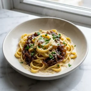 A close-up shot of pasta swirled in a shallow bowl, coated in a glossy, creamy sauce. Deeply caramelized, jammy golden-brown onions are tangled throughout. The dish is garnished with fresh parsley and a dusting of parmesan cheese, with a gentle wisp of steam rising.