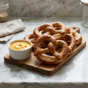 Several large, freshly-baked soft pretzels, deep golden-brown and studded with glistening coarse sea salt. A wisp of steam rises from the pile, placed next to a small bowl of thick, creamy, vibrant orange beer cheese dip on a rustic wooden board.