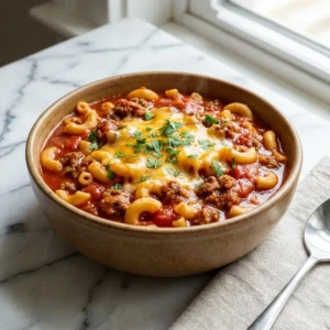 A hearty portion of Southern goulash in a rustic bowl. Elbow macaroni and ground beef are coated in a thick, rich tomato sauce. The top is generously covered with glistening, melted cheddar cheese and a sprinkle of fresh, vibrant green parsley, with steam gently rising.