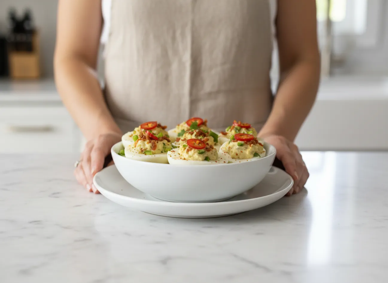 Spicy Jalapeño Popper Deviled Eggs arranged on a white platter ready to be served.