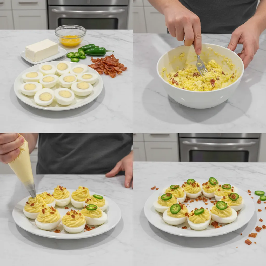 A grid of four images showing the steps to make the deviled eggs: boiling eggs, making the filling, piping the filling, and the final garnished product.
