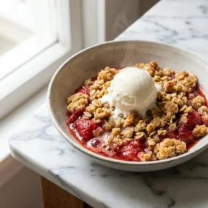 A warm scoop of strawberry crumble in a rustic bowl. The golden-brown, buttery crumble topping covers a bubbly, vibrant red strawberry filling oozing at the sides. A scoop of vanilla ice cream melts on top, with a delicate wisp of steam rising.