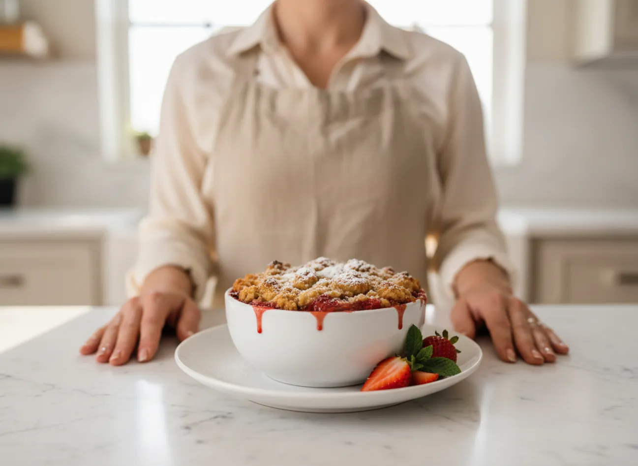 A baker mixing the crumble topping in a glass bowl.