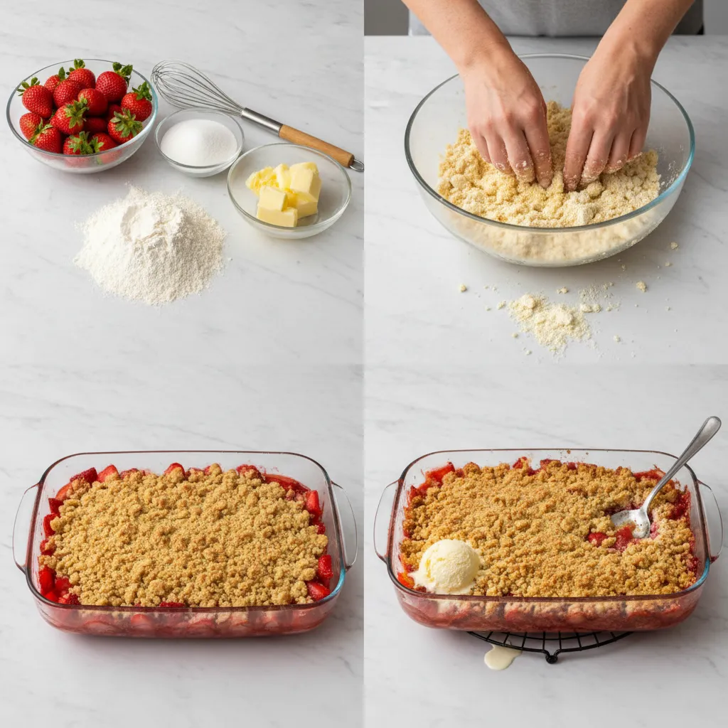 A grid of four images showing the steps to make strawberry crumble.