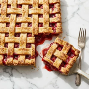 A rectangular strawberry slab pie with a golden-brown, flaky lattice crust sprinkled with sparkling sugar. The vibrant, jammy red filling bubbles from the openings. A single square slice is cut, revealing the gooey fruit interior. Food photography, bright natural light.