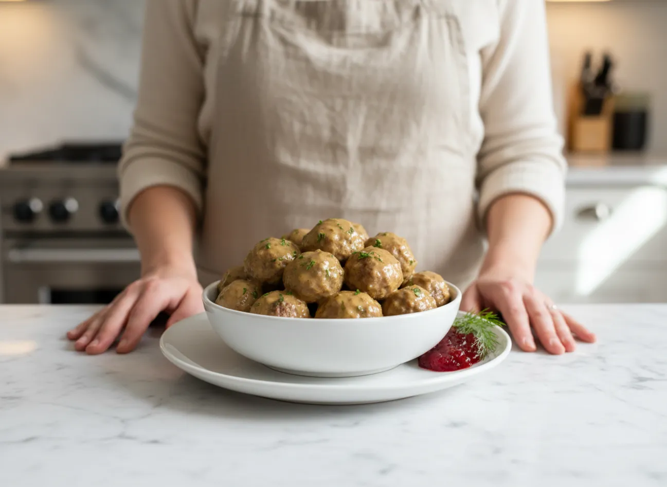 A family enjoying a meal of gluten-free Swedish meatballs at a dinner table.