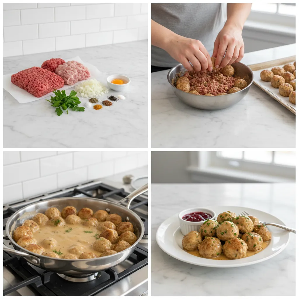 A four-panel grid showing the steps to make gluten-free Swedish meatballs.