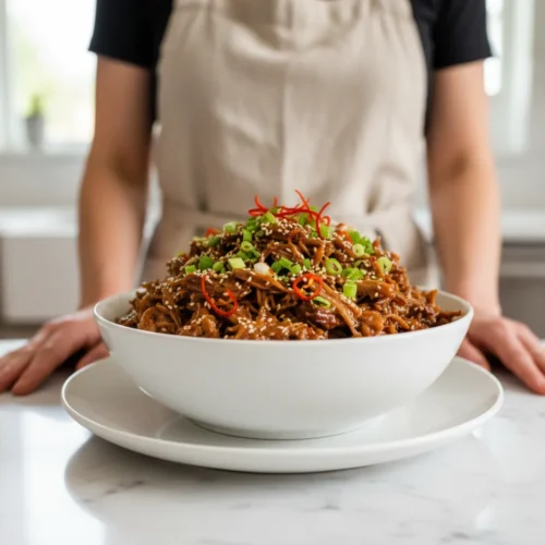 A generous pile of glistening, caramelized pulled beef, deep mahogany in color. The tender shreds are coated in a sticky, glossy glaze with slightly crisped edges. Garnished with finely sliced vibrant green scallions and a sprinkle of toasted sesame seeds, with a delicate wisp of steam rising.