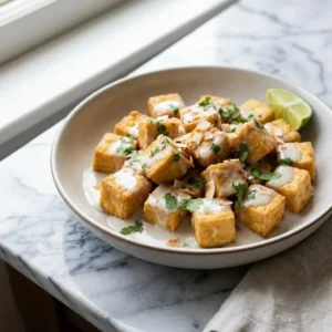 Golden-brown, crispy tofu cubes nestled in a creamy, glossy white coconut-lime sauce. The dish is garnished with fresh, bright green cilantro, a sprinkle of toasted coconut flakes, and a vibrant lime wedge resting on the side of a shallow bowl.
