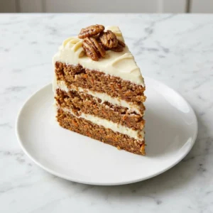 A tall, rustic slice of layered carrot cake shows its moist, spice-flecked crumb between thick swirls of cream cheese frosting. The top is garnished with a glistening cluster of candied pecans, presented on a simple plate with soft, natural lighting. Food photography, hyperrealistic.