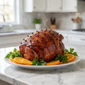 A magnificent whole baked ham glistens with a thick, lacquered, dark amber-brown glaze, studded with whole cloves. The glossy surface is beautifully caramelized. Presented on a simple white platter, garnished with fresh orange slices and vibrant green parsley. A delicate wisp of steam rises.