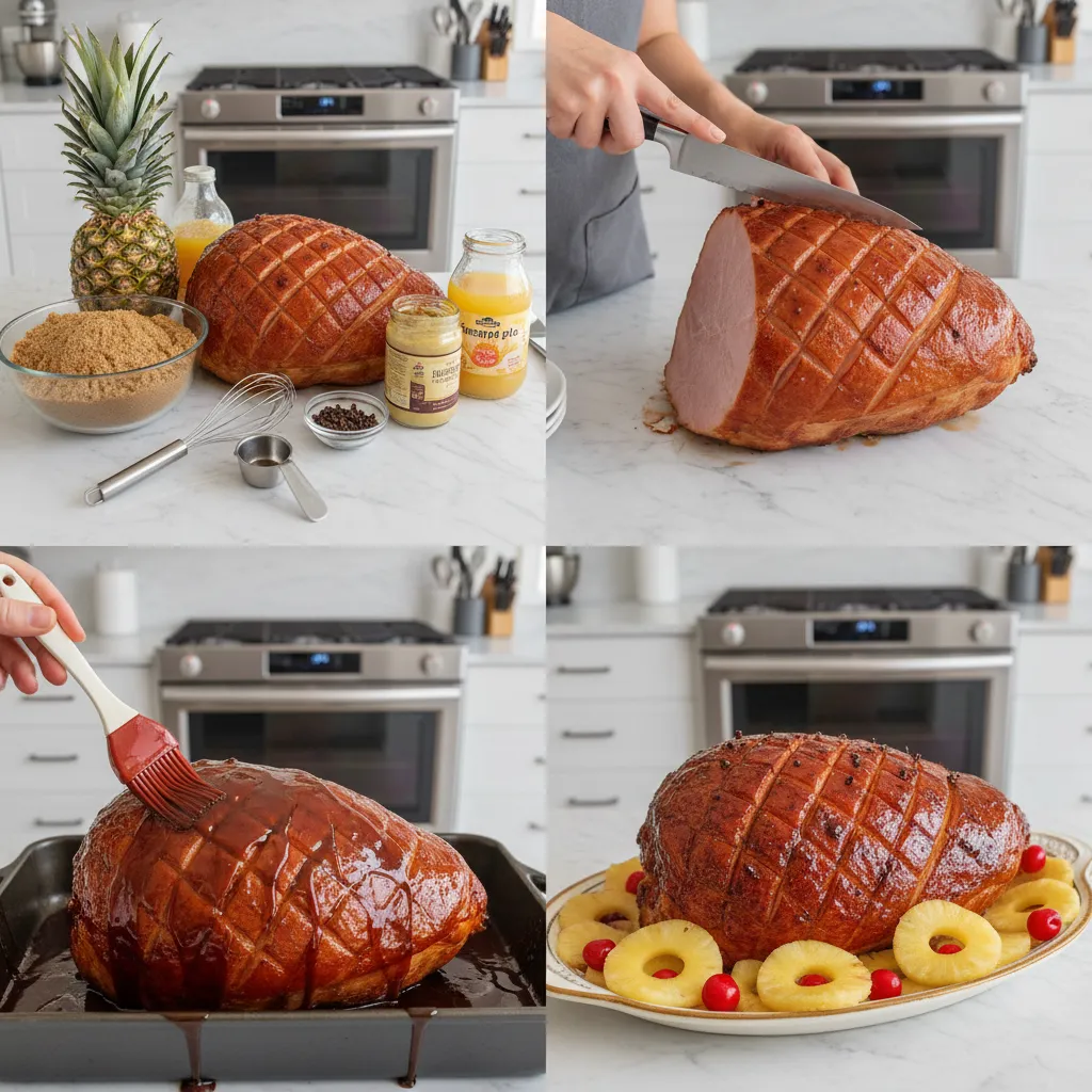A grid of four images showing the steps to make the ham glaze